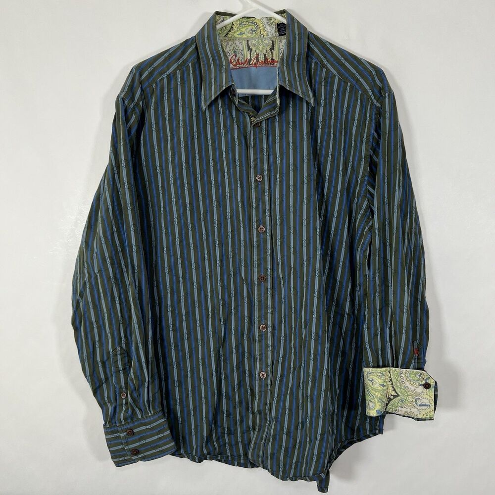 Robert Graham Button Up Shirt Mens Large Green Blue Striped Paisley Flipcuff